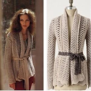 **Anthros** MOTH Filamentous Chevron Print Open Front Belted Cardigan. Size M